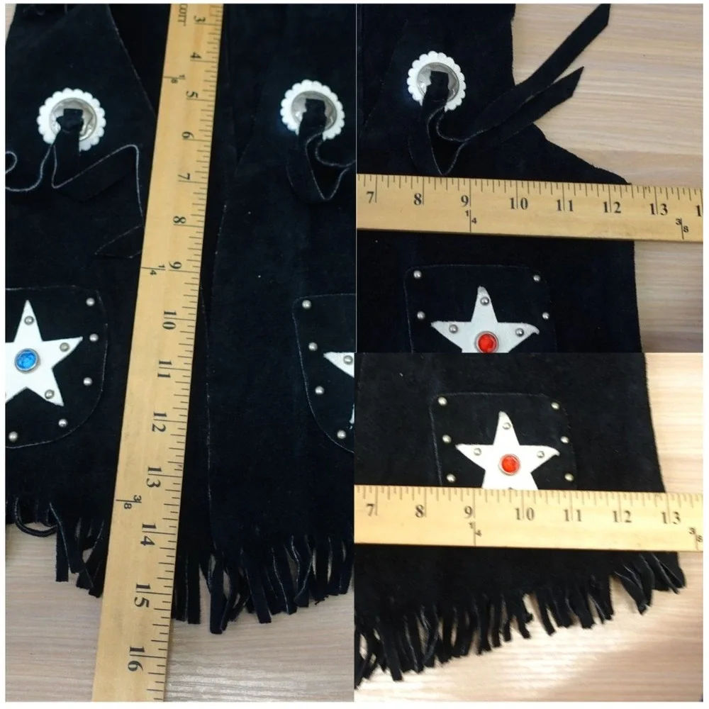 Vintage Cowboy‎ Vest Chaps Set Boys M Black Suede Studded Fringe Halloween USA